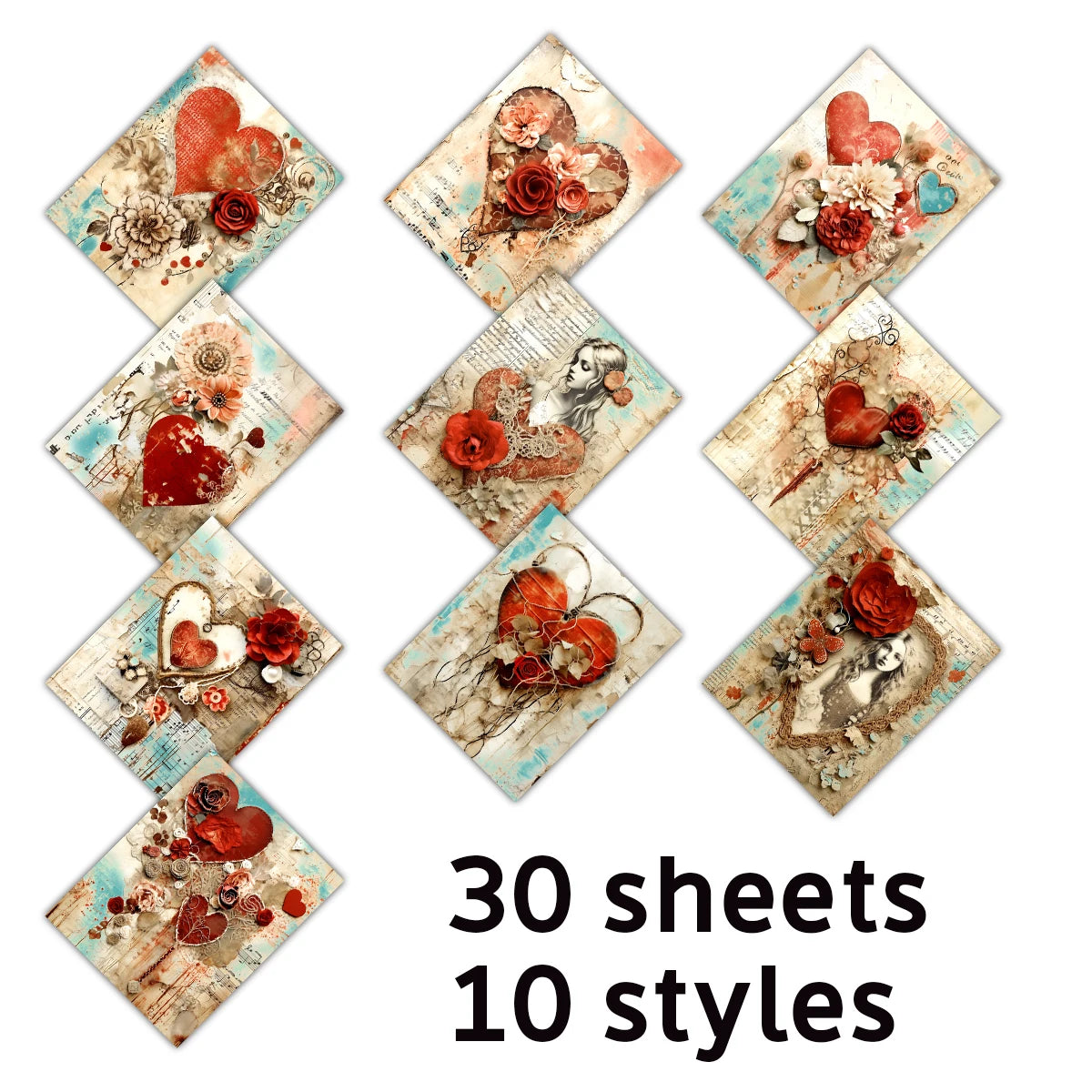 Papiers Scrapbooking Vintage – Cœurs & Roses | 30 Feuilles