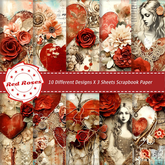 Papiers Scrapbooking Vintage – Cœurs & Roses | 30 Feuilles