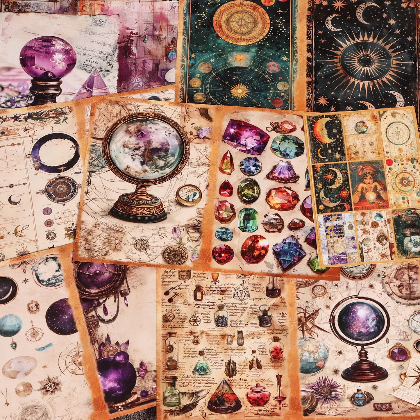 Set Scrapbooking Vintage – Astrologie & Ésotérisme | Papiers A5 & Stickers
