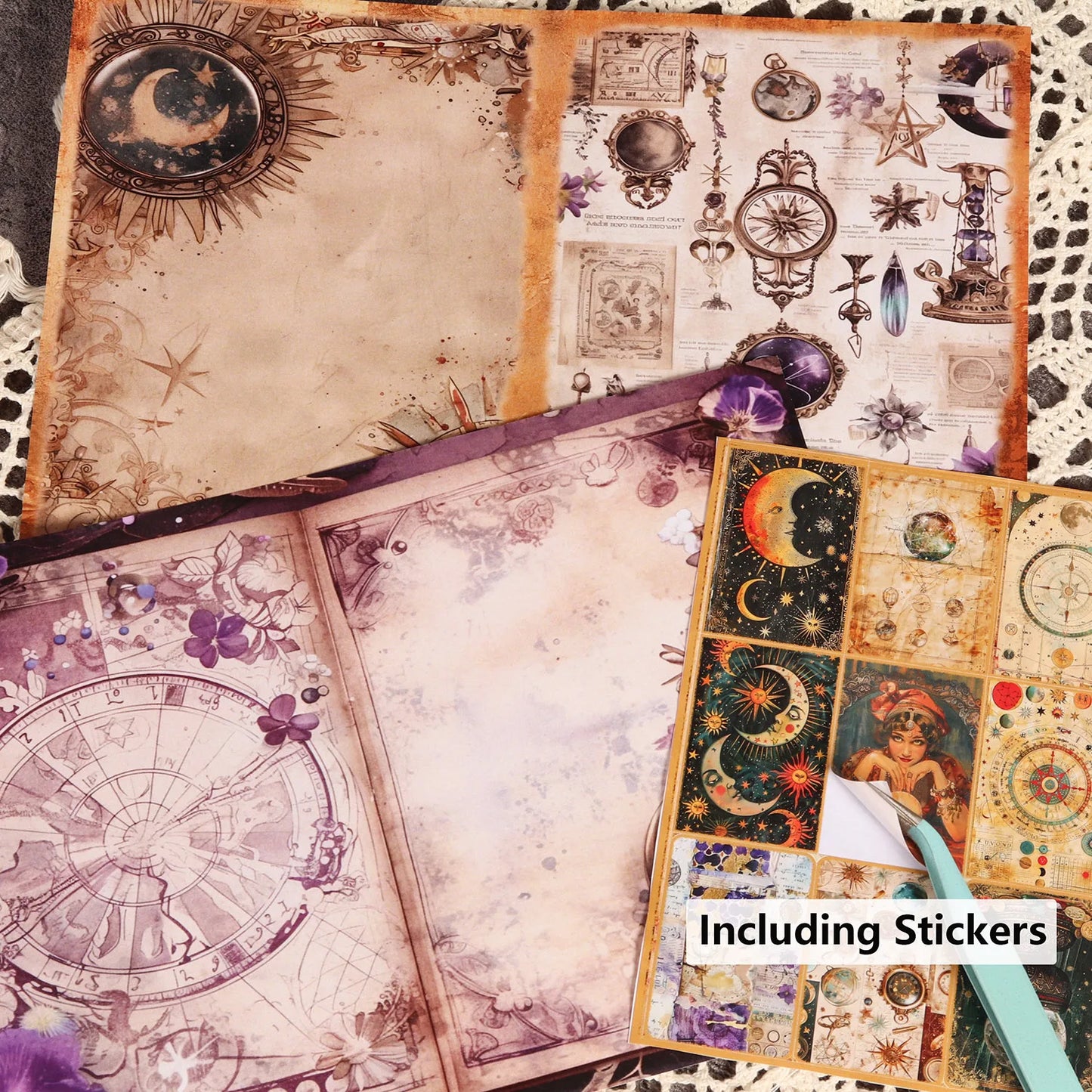 Set Scrapbooking Vintage – Astrologie & Ésotérisme | Papiers A5 & Stickers